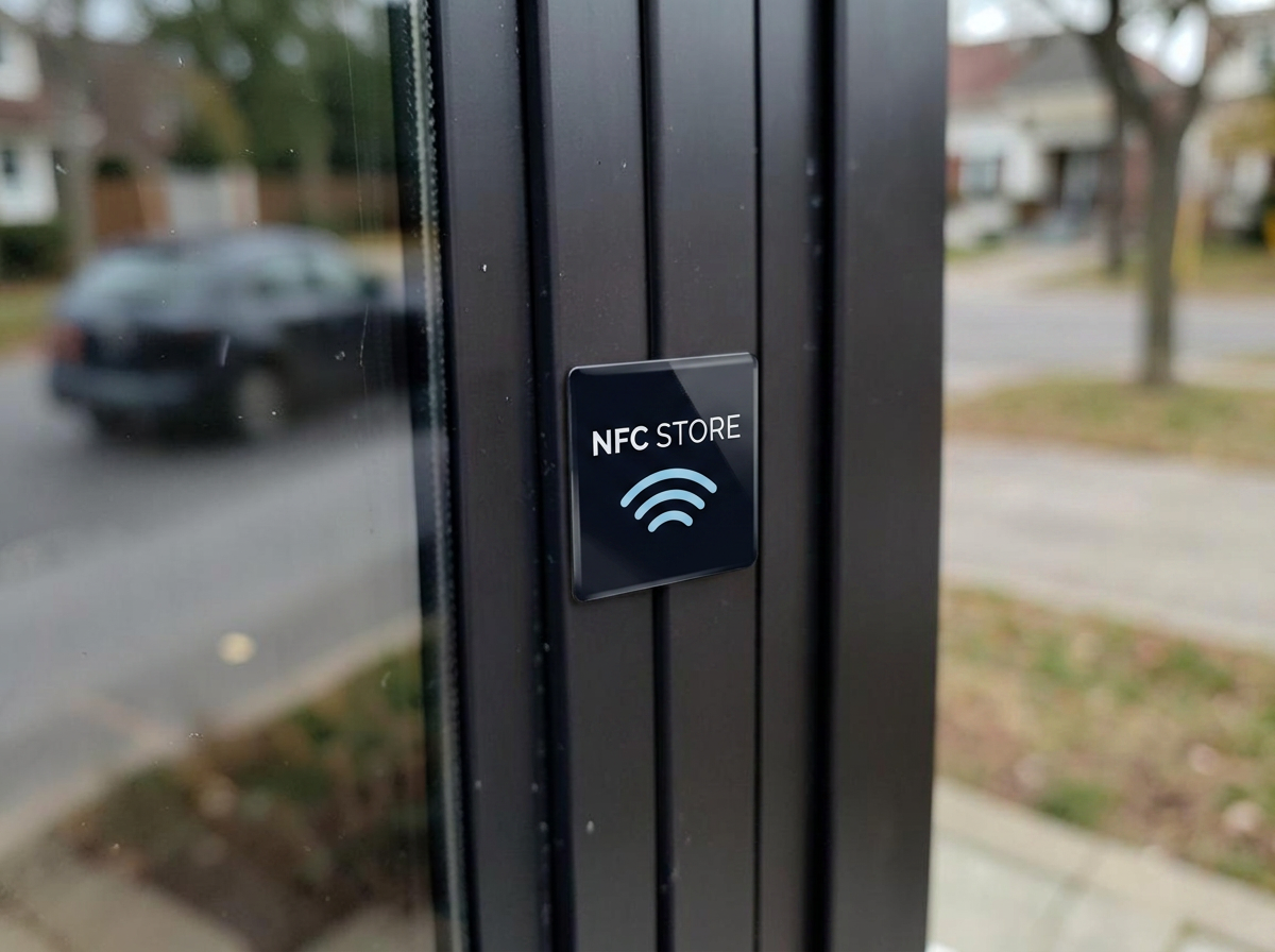 Adesivo NFC fino sendo aplicado em vidro de loja