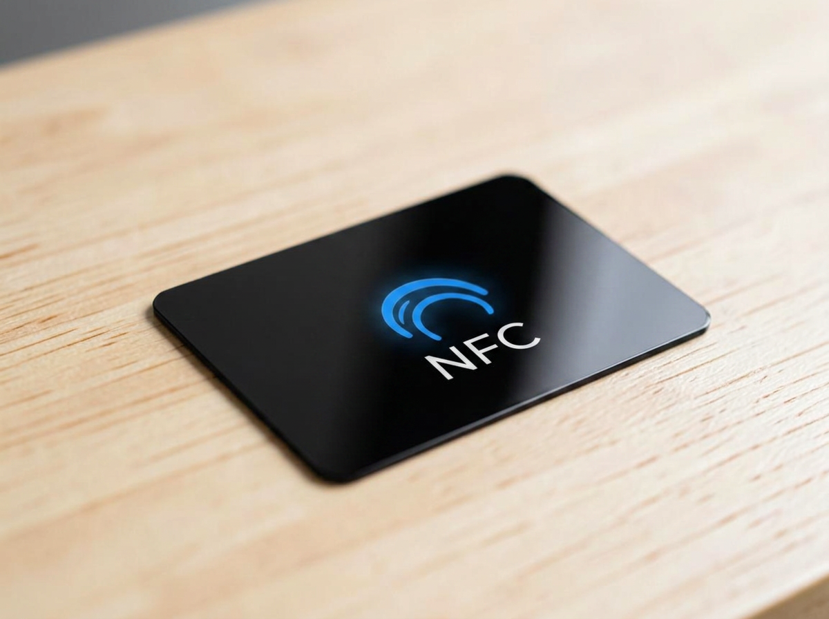 Cartão NFC preto sobre balcão de madeira