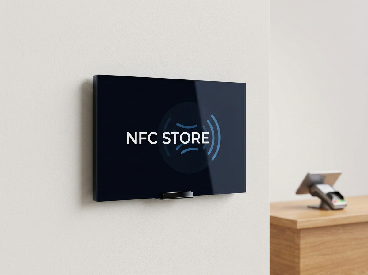 Placa NFC preta quadrada instalada em parede branca