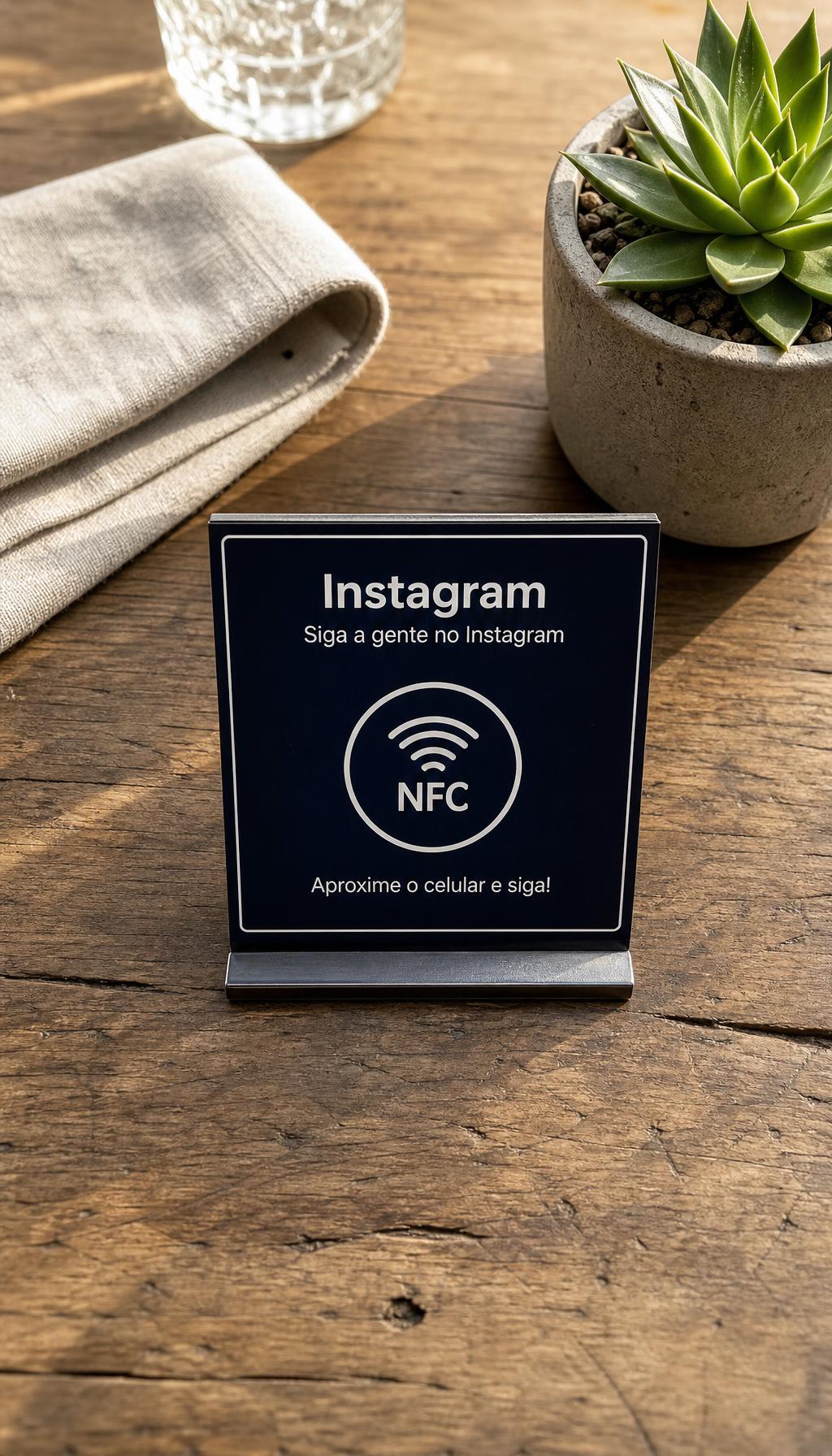 Placa NFC preta retangular com borda branca e base preta, modelo para Instagram
